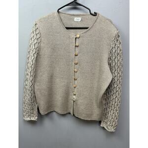 Natural Style Cardigan Sweater Womens XL Tan Linen Fabric Weave Button Lagenlook